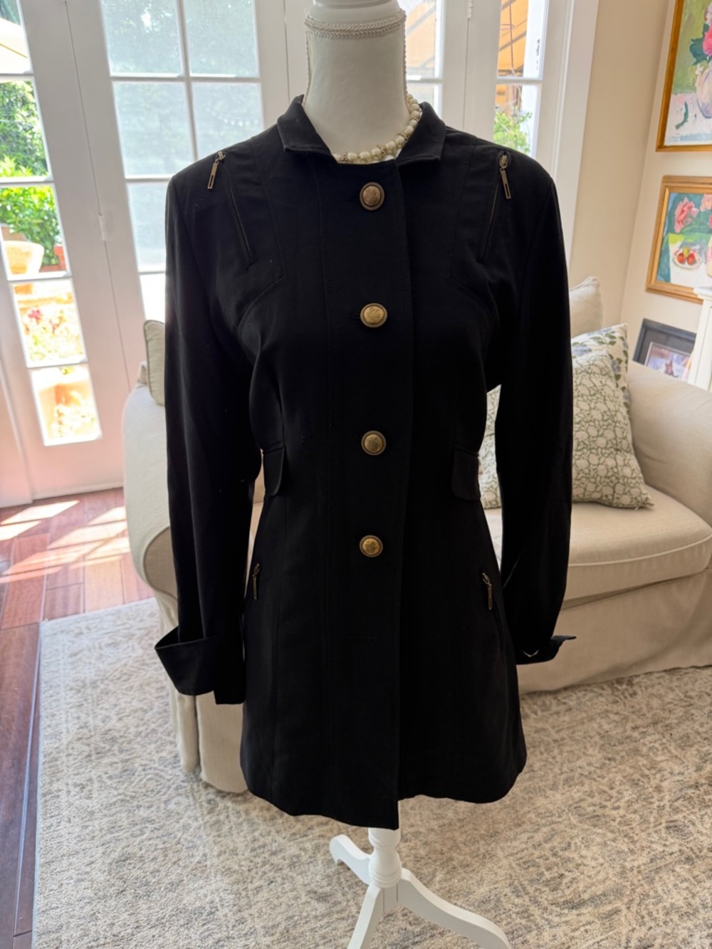 Lapis Black Trench Coat with Gold Buttons